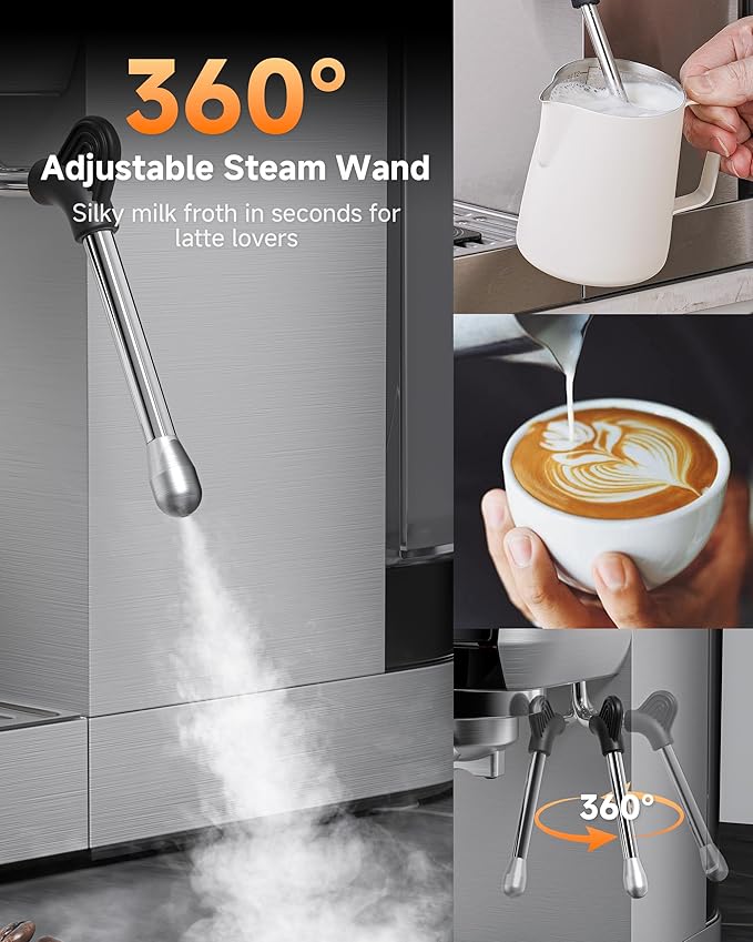 AMZCHEF 51mm Coffee Espresso Machine 20 Bar – Professional Coffee Maker with Milk Frother, Compact Stainless Steel Espresso Maker for Cappuccino, Latte, Mocha, Moon Silver