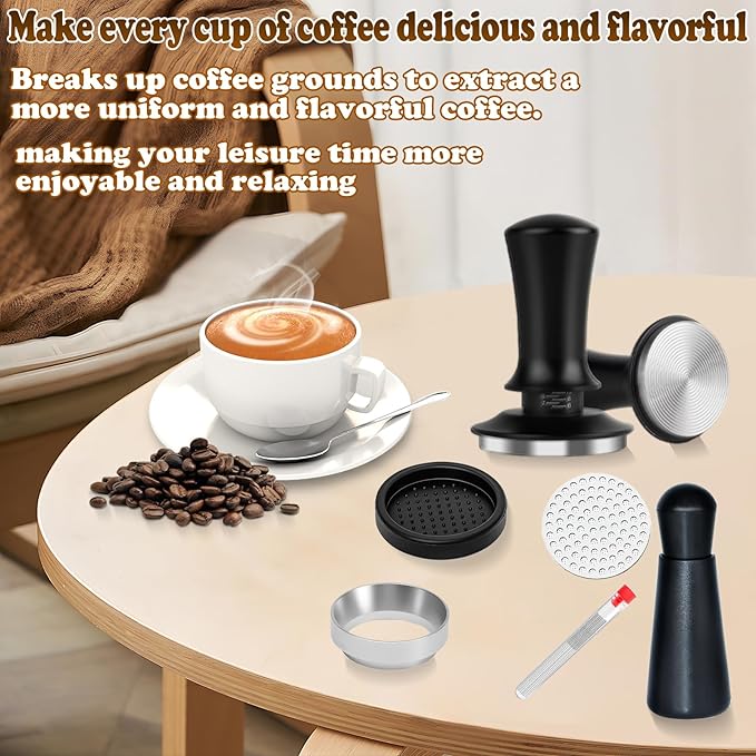 51mm Espresso Accessories Kit, Spring Loaded Calibrated Tamper, WDT Tool, Puck Screen and Dosing Funnel Set Fits Delonghi 51 mm Espresso Coffee Machines and Portafilter, Professional Barista Tools