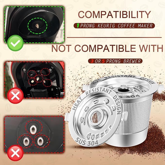 2 Pack Reusable K Cups Coffee Pods for Keurig Single Hole Machine: All Stainless Steel Refillable K Cups - Reusable Coffee Filters for Keurig, SUS 304‌, BPA-Free, Heat Resistant Handles, Scoop
