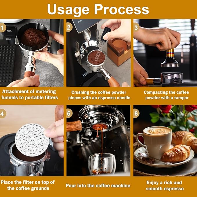 58mm Espresso Accessories Kit, 316 stainless steel Espresso Tamper, WDT Tool, Puck Screen and Dosing Funnel Set Fits Delonghi 58 mm Espresso Coffee Machines and Portafilter, Barista Tools (Golden)