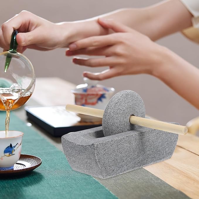 LOGOFUN Traditional Chinese Stone Mill Hand Crank Manual Grinder Accessories for Matcha Tea Spices Home Kitchen Supplies - 12cm