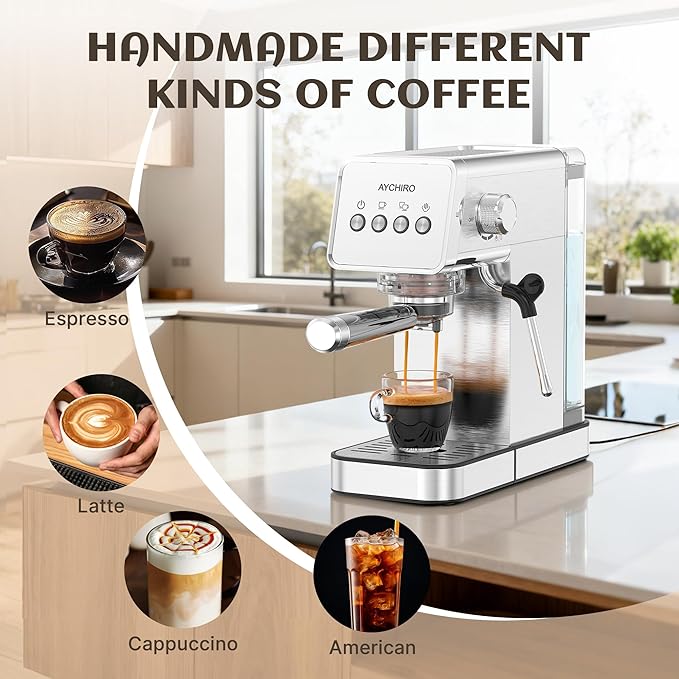 Espresso Machine with Steam Milk Frother, 20 Bar Professional Espresso Coffee Maker for Latte & Cappuccino, 1-Touch Control, Stainless Steel Housing, Removable Water Tank & Drip Tray