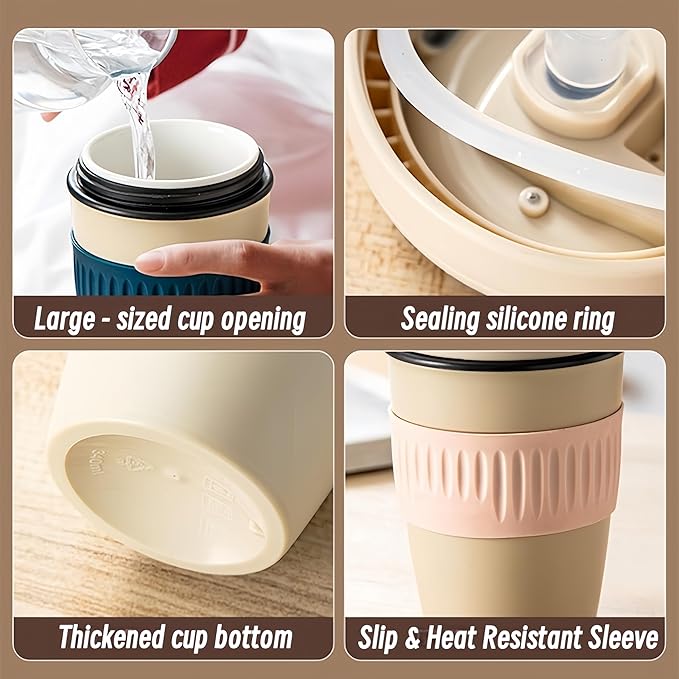 12oz Portable Vacuum Insulated Coffee Mug with Ceramic Inner, for Coffee, Flower Tea, Milk & Juice, Dual - Drinking, Leak - Proof (Green)