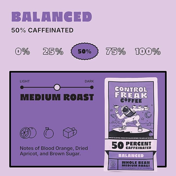 Control Freak Coffee Balanced – 50% Caffeine Whole Bean Coffee (32 Oz) | Half Caff Coffee Blend for Smooth Focus, Full Flavor for Half the Buzz | Sugarcane Decaf, Freshly Roasted Coffee Beans