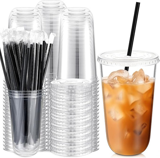 100 Set 18 oz Clear Plastic Cups with Lids and Straws, Disposable Iced Coffee PET Cups for Drinking Cold Beverage Juice Parfait Smoothie Milkshake Coffee Shops Party Supplies