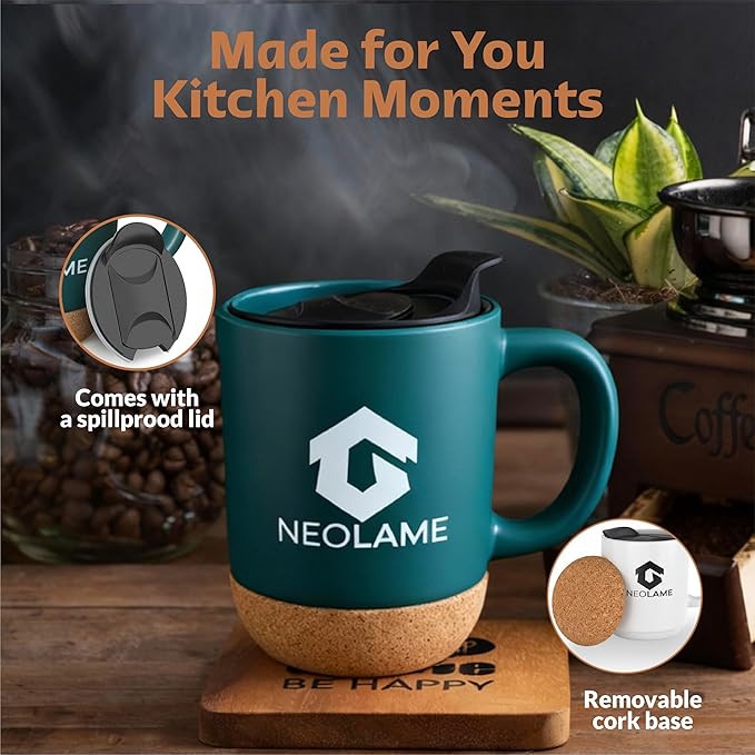 NeoLame Ceramic Coffee Mug with Cork Bottom and Spill Proof, Re-usable Coffee Mug for Home or Work, Heat Preservation and Removable Locking lid with Sliding spout, 400ML Volume (blue)