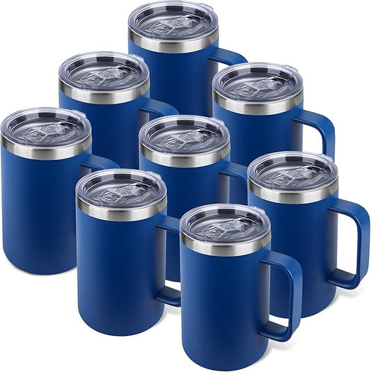 Zynkify 22oz Insulated Coffee Mug with Handle & Leak-Proof Lid - Double Wall Stainless Steel Travel Tumbler Bulk for Commute/Office/Home, Dark Blue, 8 Pack