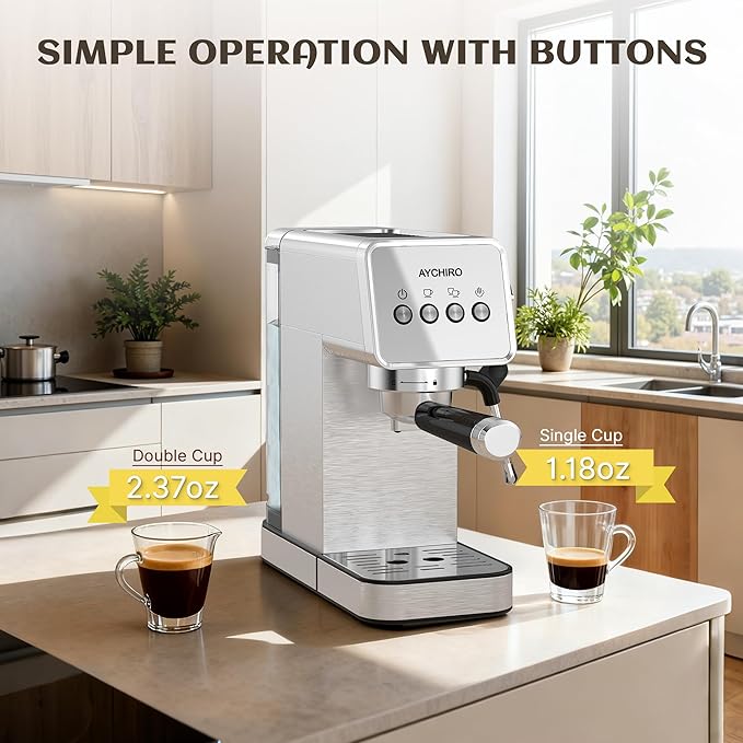 Espresso Machine with Steam Milk Frother, 20 Bar Professional Espresso Coffee Maker for Latte & Cappuccino, 1-Touch Control, Stainless Steel Housing, Removable Water Tank & Drip Tray