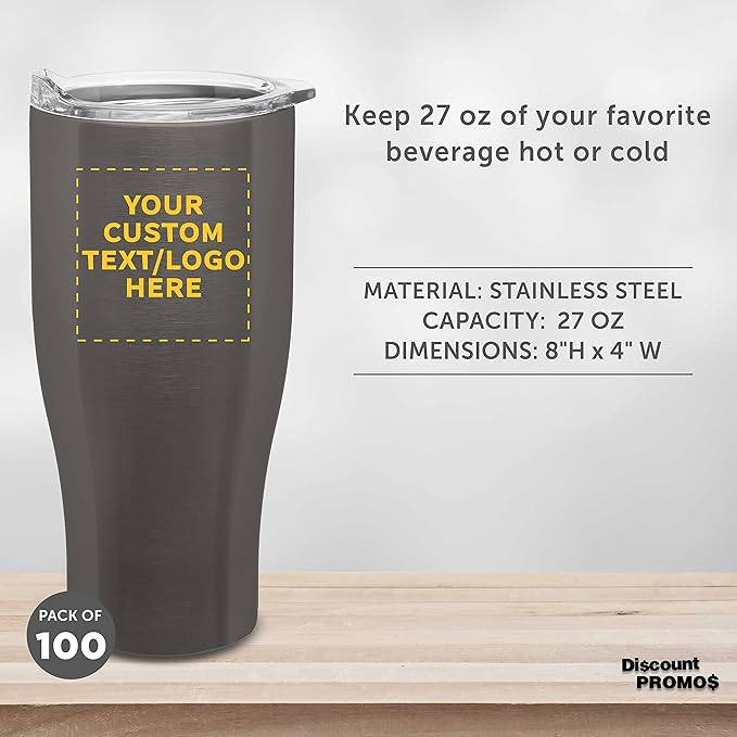 Custom Stainless Steel Grip Travel Mugs 27 oz. Set of 100, Personalized Bulk Pack - Perfect for Coffee, Soda, Other Hot & Cold Beverages - Smoke