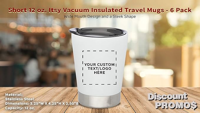 Personalized 12 oz. Itsy Vacuum Insulated Travel Mugs - 6 Pack - Custom Text, Logo - White