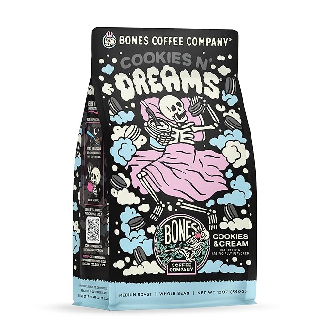 Bones Coffee Company Cookies 'N Dreams Cookies and Cream Flavored Coffee, Medium Roast Low Acid Arabica Beans Compatible with Auto drip and French Press Coffee Maker, 12 Oz Whole Bean