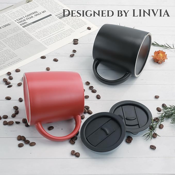 LINVIA Classic Mug, 14 oz Large Coffee Mug with Handle, Ceramic Porcelain Tea Cup, Smooth Matte (Sliding Lid, Red)