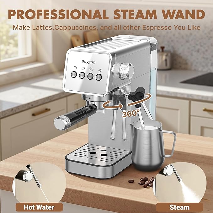 20 Bar Espresso Machine with Steam Wand - Dual Shot Espresso Maker, Precise Pre-Infusion, Large Detachable Tank & Drip Tray, Cup Warming Tray