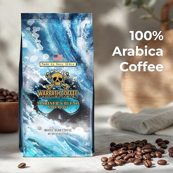 Warpath Coffee Dark Roast Whole Bean Coffee, Mariner's Blend, High Caffeine, Extra Strong Roasted 100% Arabica Coffee Beans Whole, Rich Aroma, Full-Bodied Intense Cup, Created by Navy SEALs, 2lb
