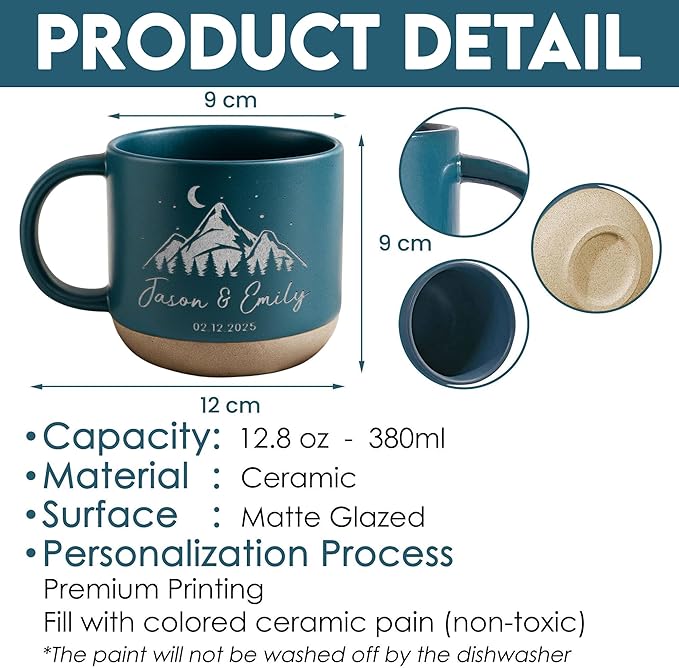 Personalized Adventure Couple Pottery Mug 12oz, Custom Mountain Design Coffee Mug with Names & Date, Engagement, Wedding & Anniversary for Couples