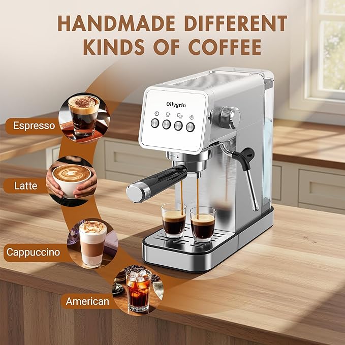 20 Bar Espresso Machine with Steam Wand - Dual Shot Espresso Maker, Precise Pre-Infusion, Large Detachable Tank & Drip Tray, Cup Warming Tray