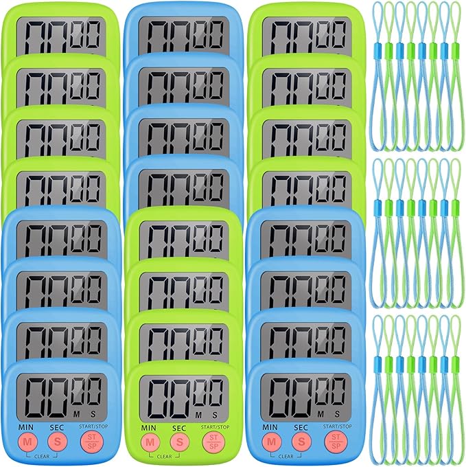 Weewooday 24 Packs Small Digital Kitchen Timer Magnetic Back and Switch Minute Second Count up Countdown Big LCD Display Loud Alarm for Teacher Cooking Baking(Blue, Green)