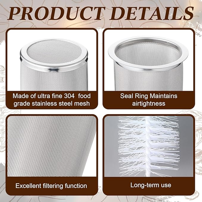 Cold Brew Coffee Filter with Brush for 32 Oz/1 Quart Wide Mouth Mason Jar Infuser 304 Stainless Steel Strainer Food Grade Filter with Sealing Ring for Iced Drink Fruit Tea Coffee Maker