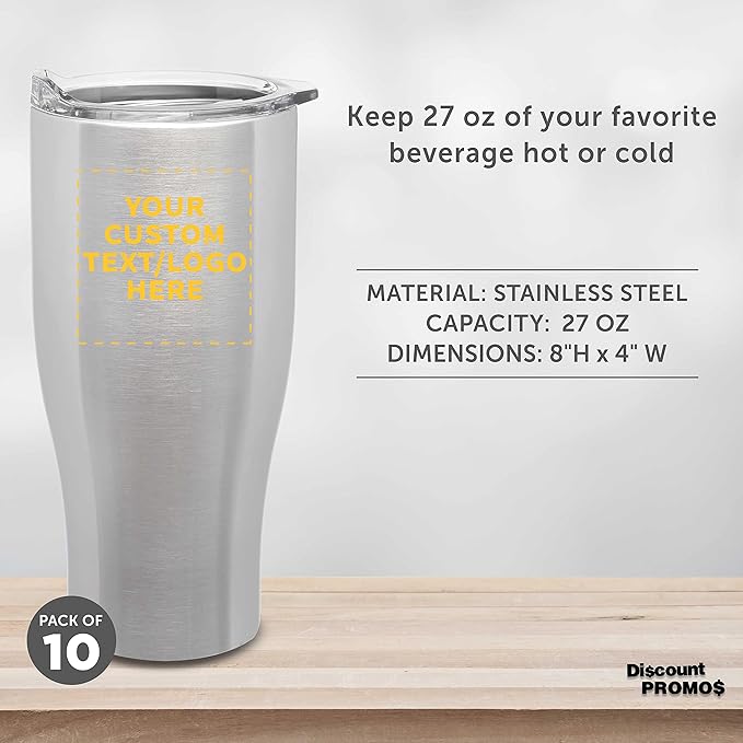 Custom Stainless Steel Grip Travel Mugs 27 oz. Set of 10, Personalized Bulk Pack - Perfect for Coffee, Soda, Other Hot & Cold Beverages - Silver