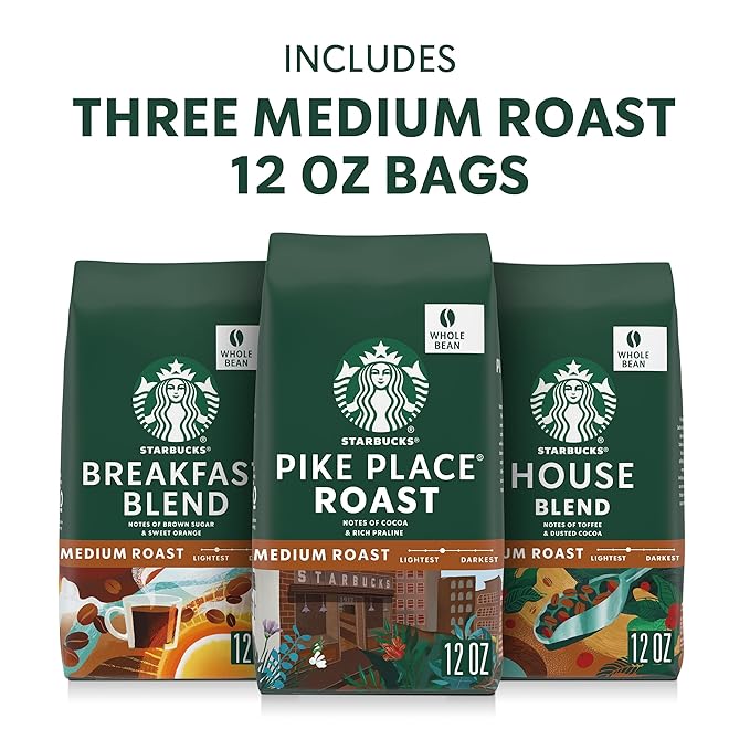 Starbucks Whole Coffee Beans, Medium Roast Hot or Iced Coffee, Variety Pack, Three 12 oz Bags