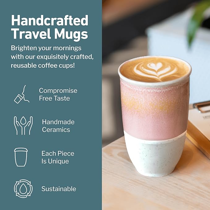 NOVA CERAMICS Travel Mug - Travel Coffee Mug – Iced Coffee Cup Unique to Go Mug – Microwave & Dishwasher Safe Coffee Pink Tumbler - Gifts for Women Men Him Her – 12oz – Afterglow