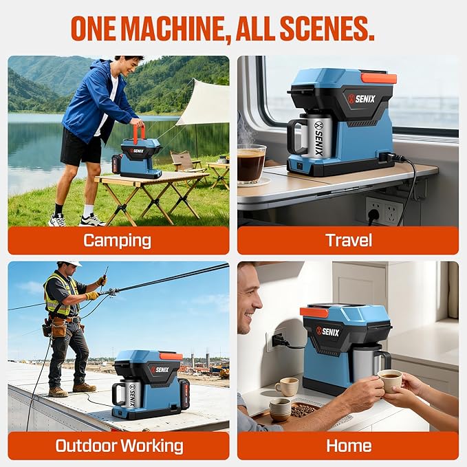 SENIX Portable Coffee Maker with 5000mAh Battery, Self Heating Coffee Machine for Car/RV/Camping, Dual AC/DC Power, Compatible with Ground & ESE Pods, Travel Drip Brewer with Stainless Steel Cup