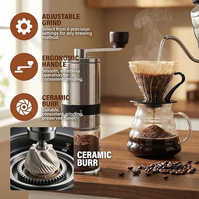 Manual Coffee Grinder – Professional Stainless Steel Burr Mill with 6 Adjustable Settings – Portable Hand Crank Grinder for Espresso to French Press – Glass Grounds Container & Ergonomic Wooden Handle