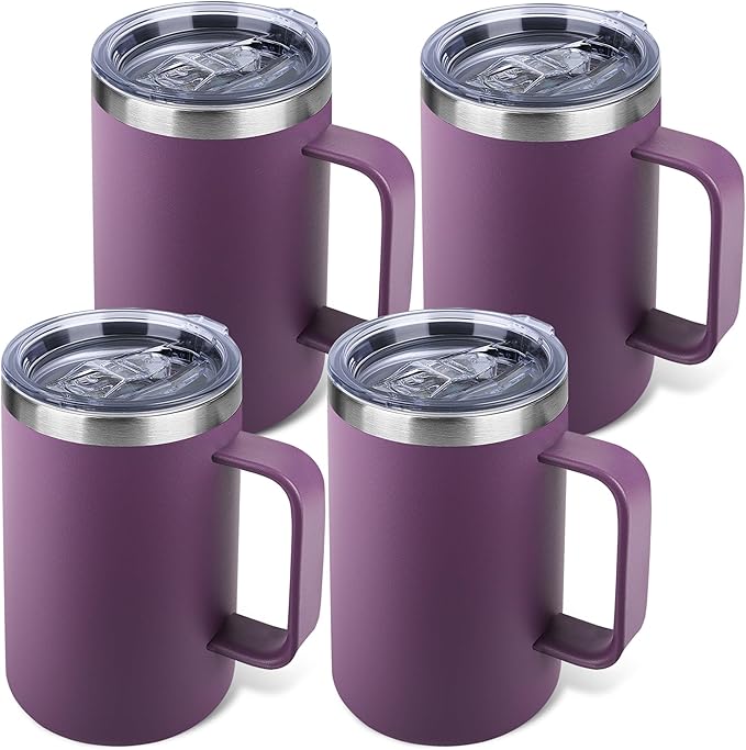 Zynkify 22oz Insulated Coffee Mug with Handle & Leak-Proof Lid - Double Wall Stainless Steel Travel Tumbler Bulk for Commute/Office/Home, Purple, 4 Pack
