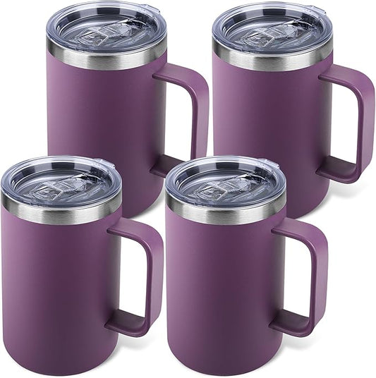 Zynkify 22oz Insulated Coffee Mug with Handle & Leak-Proof Lid - Double Wall Stainless Steel Travel Tumbler Bulk for Commute/Office/Home, Purple, 4 Pack