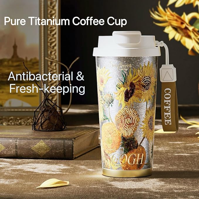 JWANGYUDG-100% Fully Titanium 17.5 oz Mug, 12-hour Thermal Insulation Coffee Mug, Artistic Travel Coffee Mug, Reusable Coffee Cup (Sunflower)