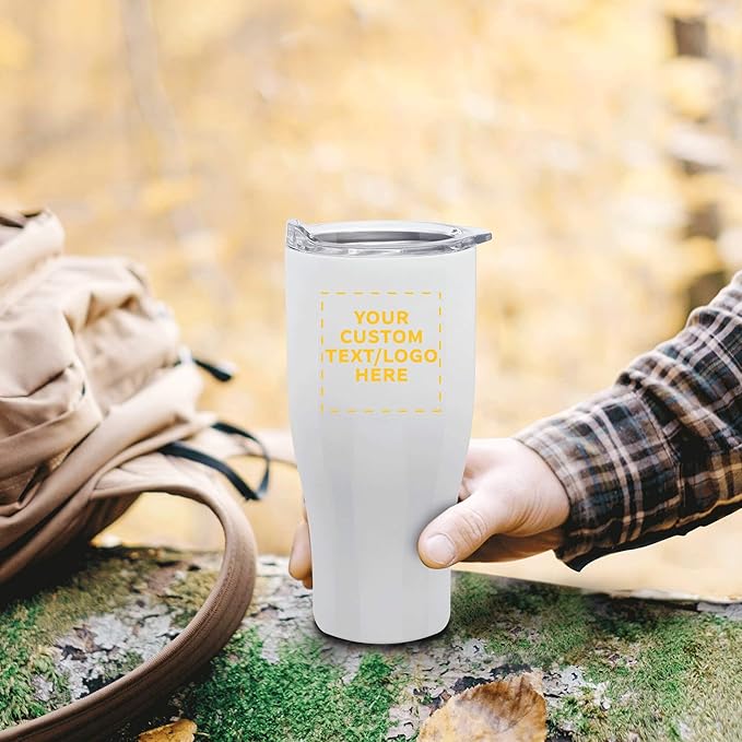 Custom Stainless Steel Grip Travel Mugs 27 oz. Set of 10, Personalized Bulk Pack - Perfect for Coffee, Soda, Other Hot & Cold Beverages - White