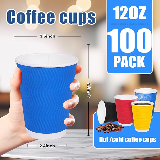 100 Pack Disposable Coffee Cups 12 oz, Paper Coffee Cups Insulated,coffee bar accessories, Hot Cold Drinking Cup for Party, Picnic, Travel, Business, Home；（4 Color）
