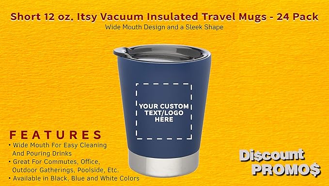 Personalized 12 oz. Itsy Vacuum Insulated Travel Mugs - 24 Pack - Custom Text, Logo - Blue