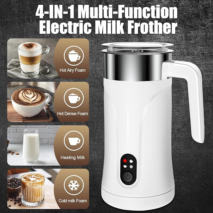 Ovetedot Milk Frother, 4-in-1 Milk Frother and Steamer, 10.1oz/300ml Automatic Hot and Cold Foam Maker and Milk Warmer, Electric Milk Frother for Coffee, Latte, Cappuccino, Matcha(White)
