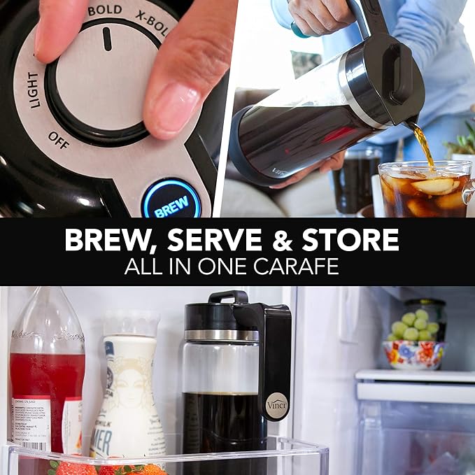 VINCI Express Cold Brew, Electric Cold Brew Coffee Maker in 5 minutes, Glass Carafe, 4 Brew Strength Settings & Cleaning Cycle, Easy to Use & Clean, Cold Brewer for Iced Coffee, 1.4 L Dial Control