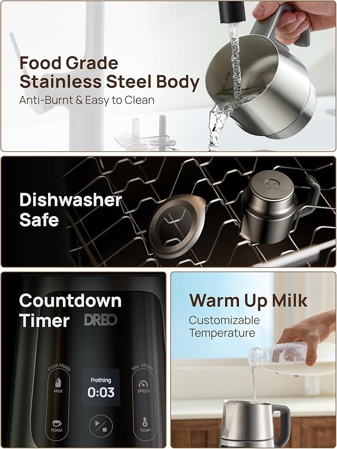 DREO Milk Frother [Upgraded], All-in-1 Electric Foam Maker for Coffee, 15oz/450ml Automatic Foam Frother for Latte Art-level Microfoam, 30+ Drinks, Easy to Clean, Dishwasher Safe, LED display