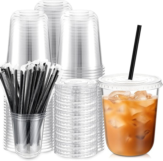 100 Set 14 oz Clear Plastic Cups with Lids and Straws, Disposable Iced Coffee PET Cups for Drinking Cold Beverage Juice Parfait Smoothie Milkshake Coffee Shops Party Supplies
