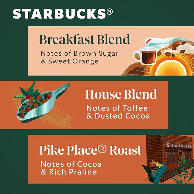 Starbucks Whole Coffee Beans, Medium Roast Hot or Iced Coffee, Variety Pack, Three 12 oz Bags