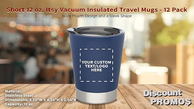 Personalized 12 oz. Itsy Vacuum Insulated Travel Mugs - 12 Pack - Custom Text, Logo - Blue