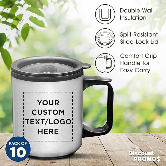 DISCOUNT PROMOS Custom Stainless Steel Travel Mugs with Handle 12 oz. Set of 10, Personalized Bulk Pack - Perfect for Coffee, Soda, Other Hot & Cold Beverages - Stainless Steel