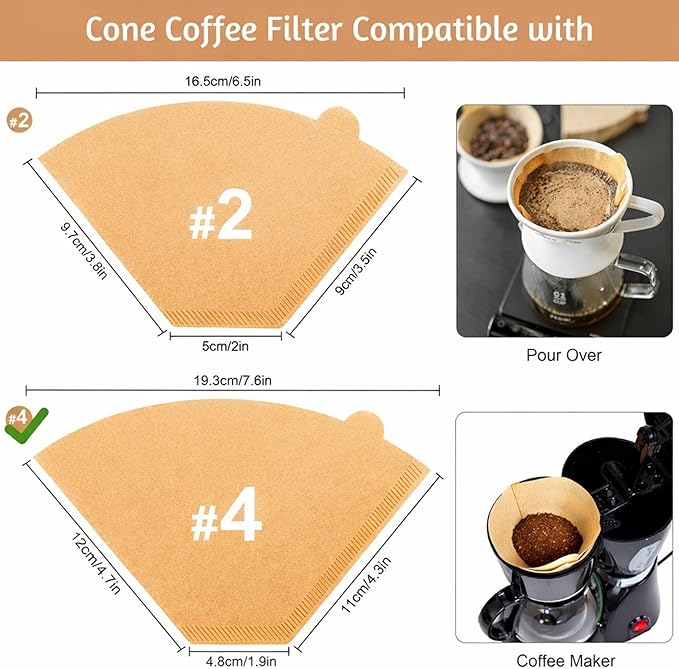 Hogurity 400 Count Coffee Filters #4, Disposable Coffee Filters 8-12 Cup,No Blowout,Unbleached Natural Coffee Filters 4 Cone Paper for Pour Over Coffer Makers/Coffee Dripper Cones