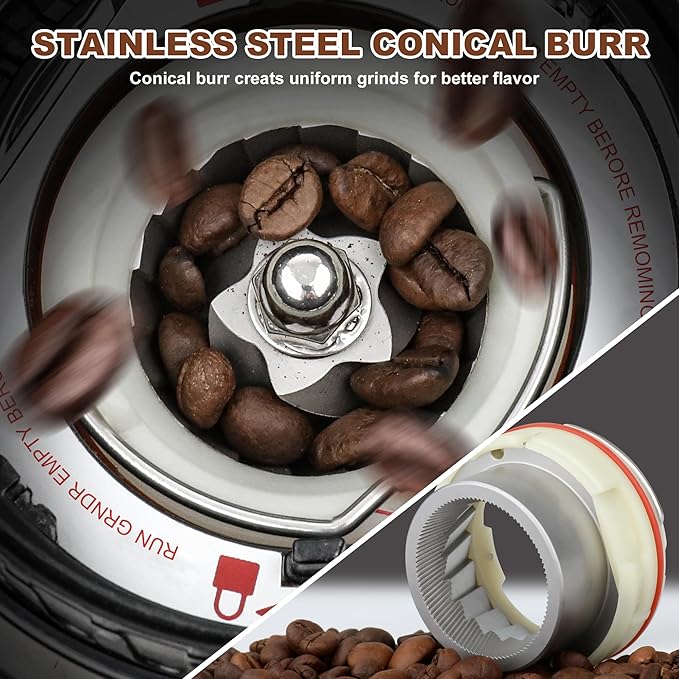 Conical Burr Coffee Grinder Electric, Espresso Coffee Bean Grinder for Home Use Adjustable 48 Grind Settings, 35s Precision Timer, Stainless Steel, Anti-Static for Pour Over/Drip/French Press