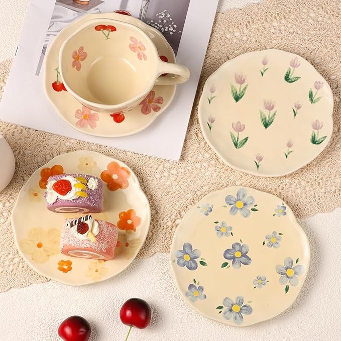 MAKCNMYM Cappuccino Cup with Saucers Set of 4 Ceramics Coffee Mugs 8 oz Latte Art Cup Vintage Aesthetic Flower Barista Cups for Americano, Tea, Espresso,Mocha, Milk - Microwave and Dishwasher Safe