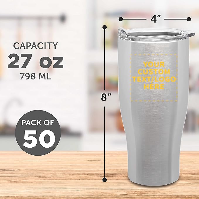 Custom Stainless Steel Grip Travel Mugs 27 oz. Set of 50, Personalized Bulk Pack - Perfect for Coffee, Soda, Other Hot & Cold Beverages - Silver