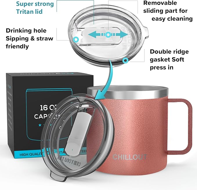 CHILLOUT LIFE Stainless Steel 16 oz - Vacuum Insulated Coffee Mug with Handle and Lid, Large Thermal Camping Coffee Mug Cup with Durable Sliding Lid for Women - Rose Gold