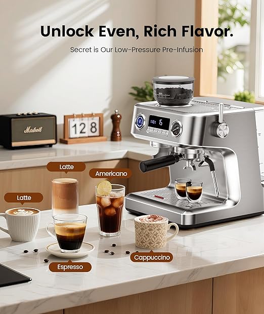 COWSAR Dual Boiler Espresso Machine with Grinder, 20 Bar Espresso Machines with Milk Frother, Espresso Maker with Removable Water Tank, Commercial Expresso Coffee Machines, Brushed Stainless Steel