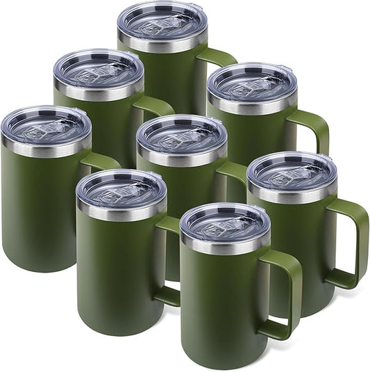 Zynkify 22oz Insulated Coffee Mug with Handle & Leak-Proof Lid - Double Wall Stainless Steel Travel Tumbler Bulk for Commute/Office/Home, Army Green, 8 Pack