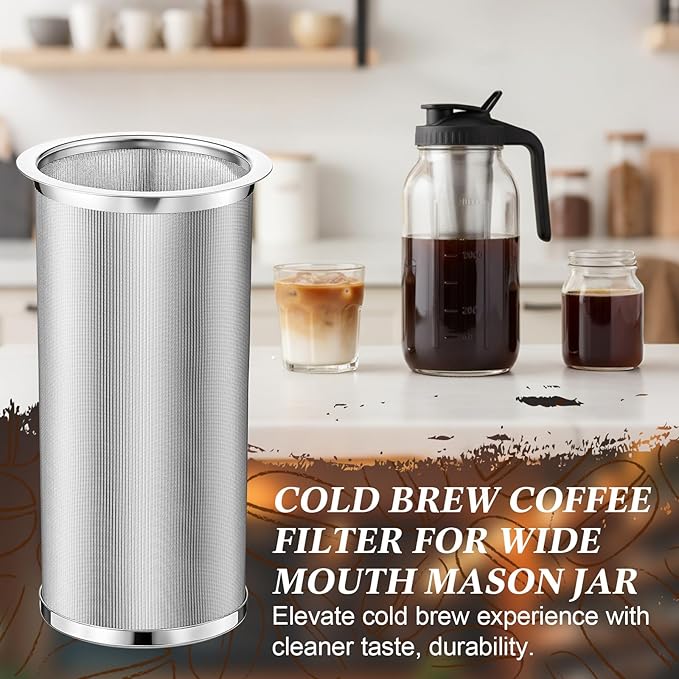 Cold Brew Coffee Filter with Brush for 32 Oz/1 Quart Wide Mouth Mason Jar Infuser 304 Stainless Steel Strainer Food Grade Filter with Sealing Ring for Iced Drink Fruit Tea Coffee Maker