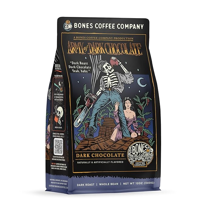 Bones Coffee Company Army of the Dark Chocolate Flavored Coffee, Medium Roast Low Acid Arabica Beans Compatible with Auto drip and French Press Coffee Maker, 12 Oz Whole Bean