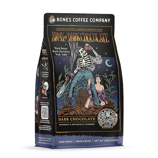 Bones Coffee Company Army of the Dark Chocolate Flavored Coffee, Medium Roast Low Acid Arabica Beans Compatible with Auto drip and French Press Coffee Maker, 12 Oz Whole Bean